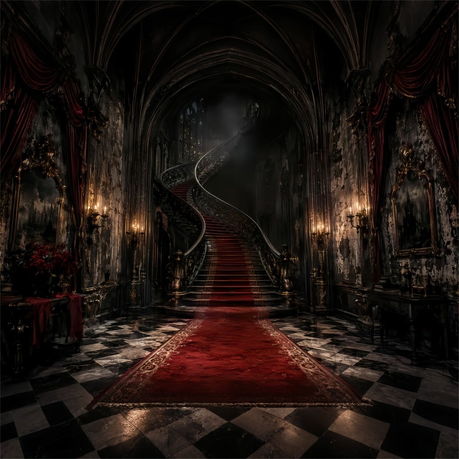 Halloween Party Backdrop Ideas Gothic Mansion Spiral Staircase Halloween Scary Backdrops LXX67-41