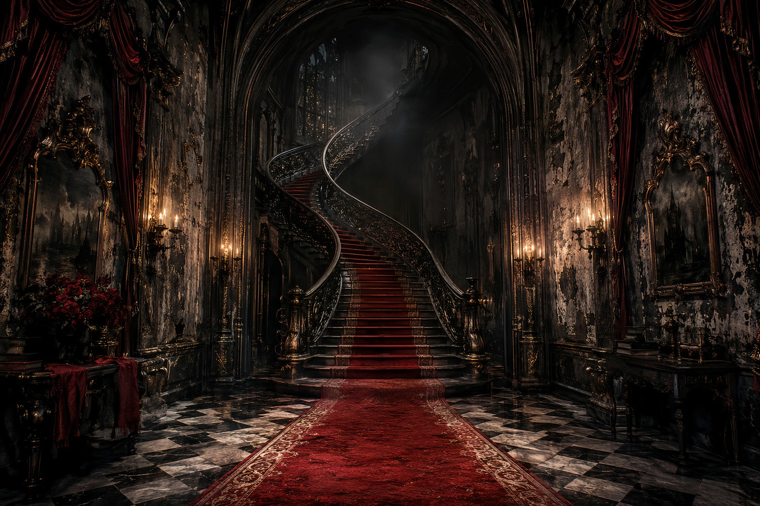Halloween Party Backdrop Ideas Gothic Mansion Spiral Staircase Halloween Scary Backdrops LXX67-41