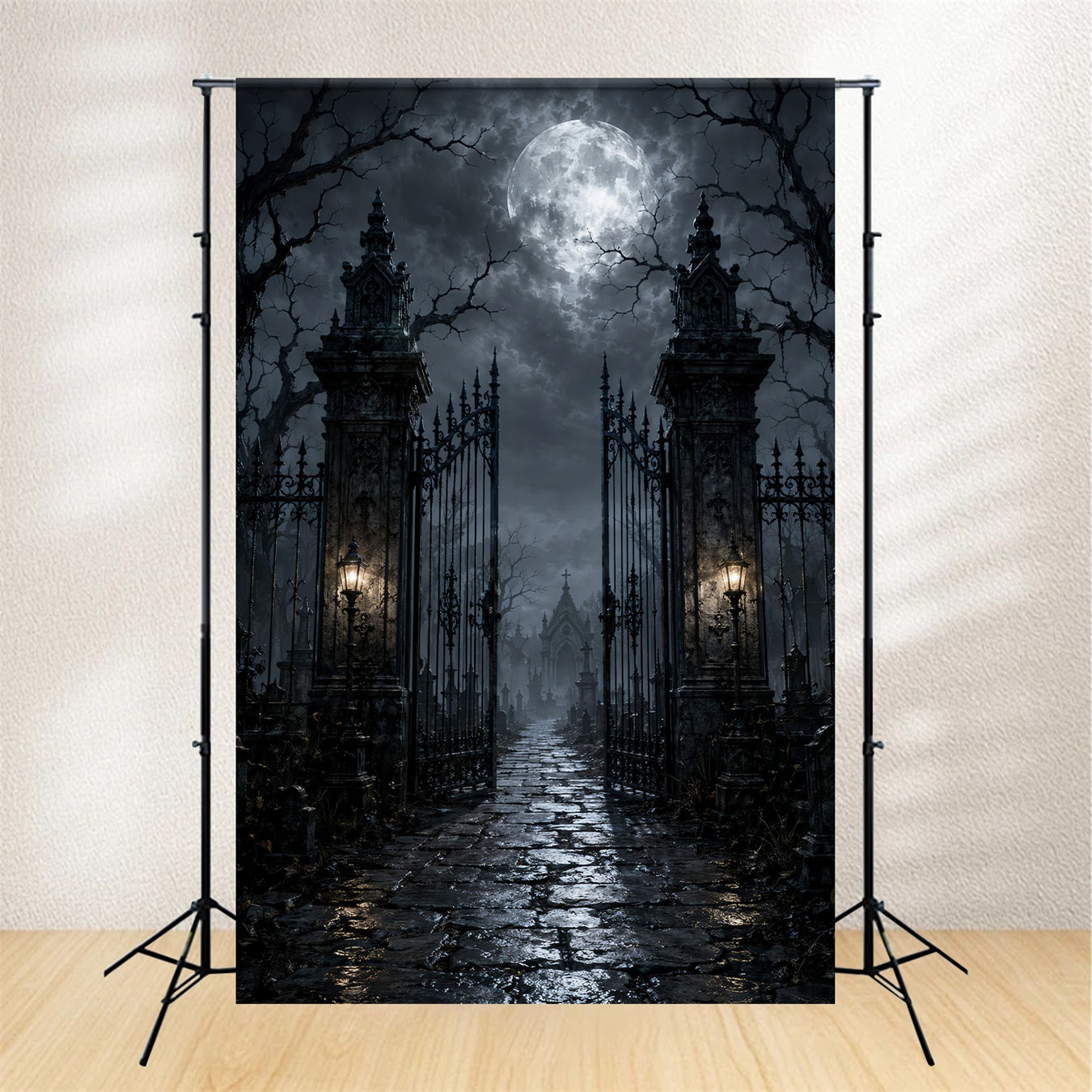 Halloween Cloth Backdrop Moonlit Cemetery Iron Gate Graveyard Halloween Backdrops LXX67-47