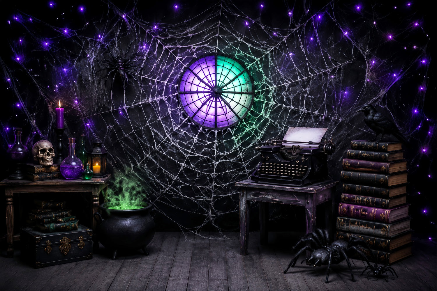 Halloween Backdrop Ideas DIY Cobweb Typewriter Spellbook Study Purple Halloween Backdrop LXX67-48