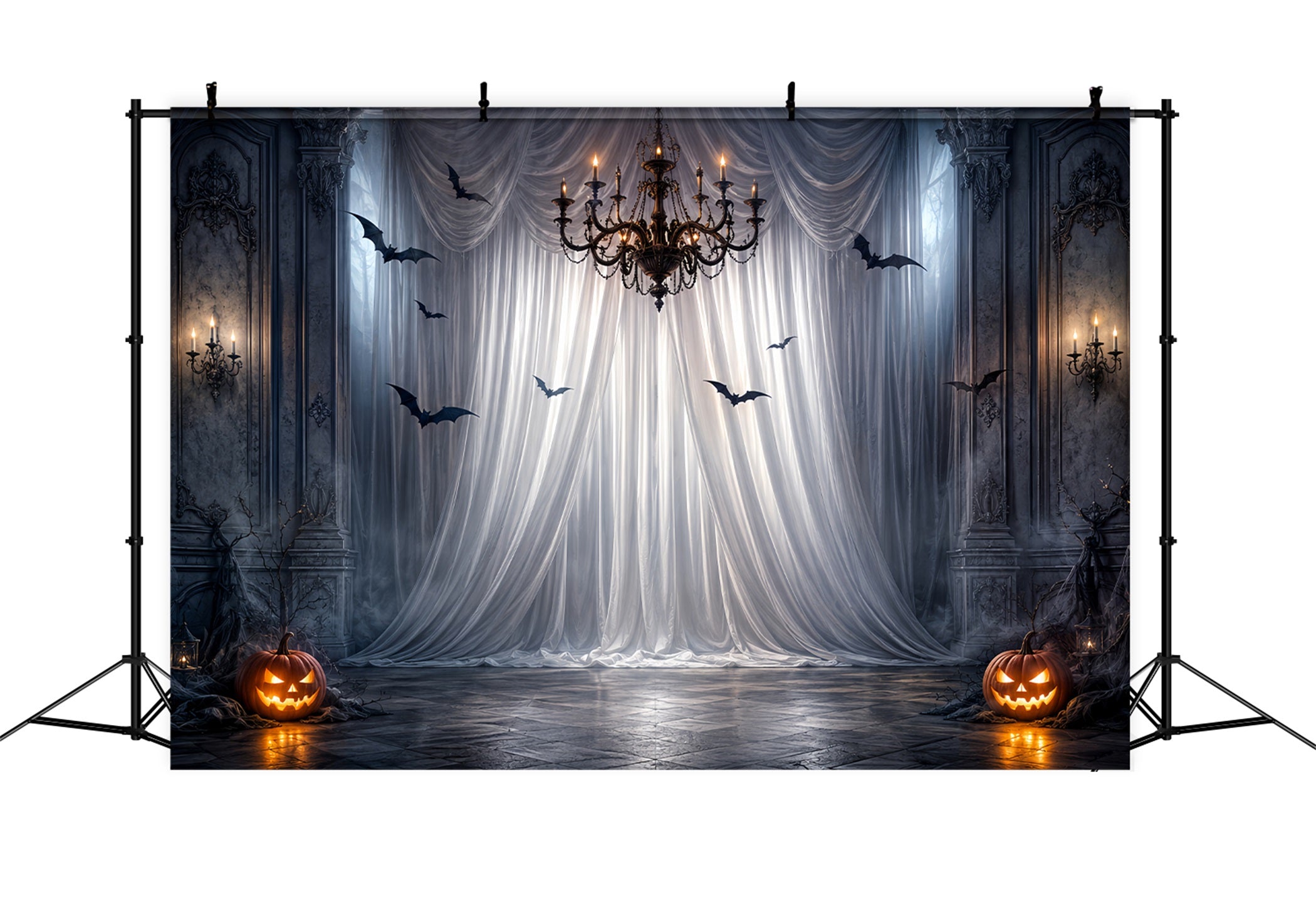 Halloween Party Photo Backdrop Ideas Gothic Drapery Chandelier Bats Creepy Halloween Backdrop LXX67-50