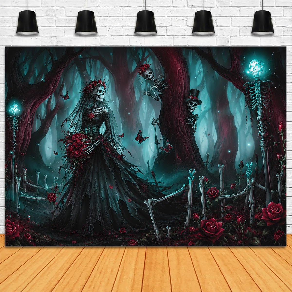 Halloween Wedding Backdrop Skeleton Bride Forest Roses Halloween Photo Backdrop LXX67-59