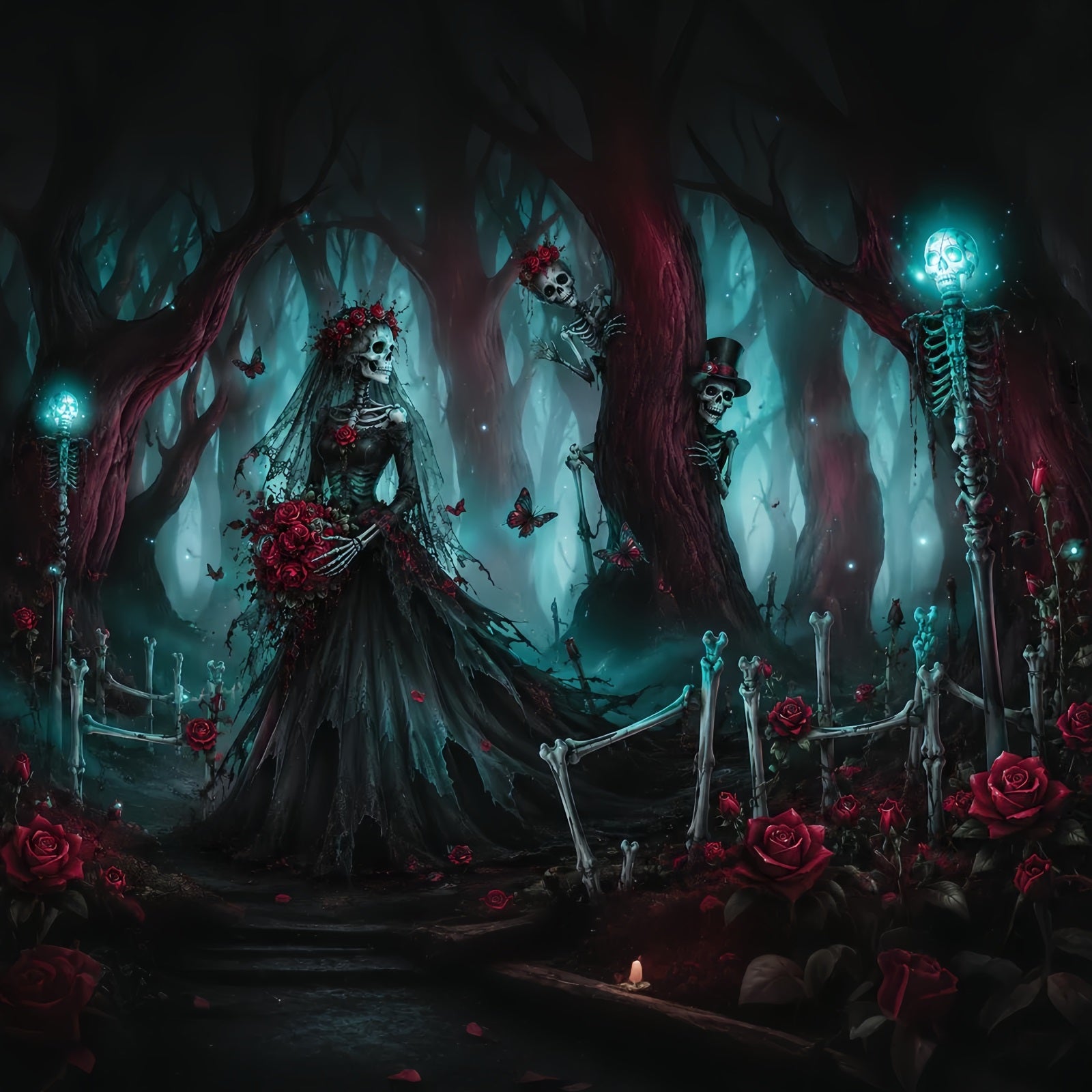 Halloween Wedding Backdrop Skeleton Bride Forest Roses Halloween Photo Backdrop LXX67-59