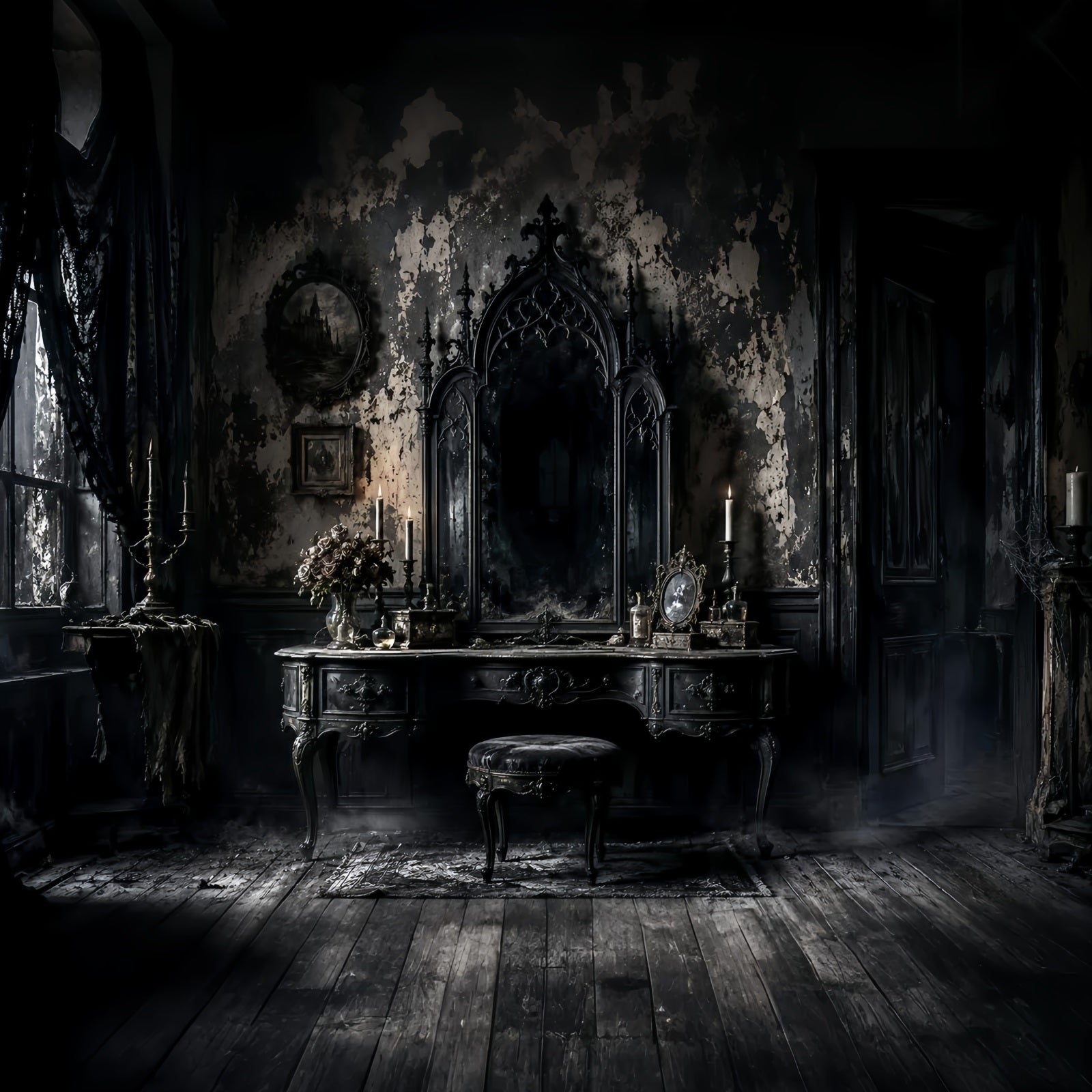 Halloween Theme Backdrop Gothic Mirror Vanity Room Halloween Backdrop For Photos LXX67-60