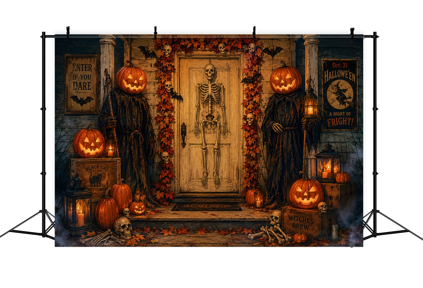 Halloween Themed Backdrops Skeleton Pumpkin Door Entrance Halloween Backdrop Ideas LXX67-62
