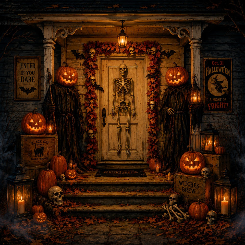 Halloween Themed Backdrops Skeleton Pumpkin Door Entrance Halloween Backdrop Ideas LXX67-62