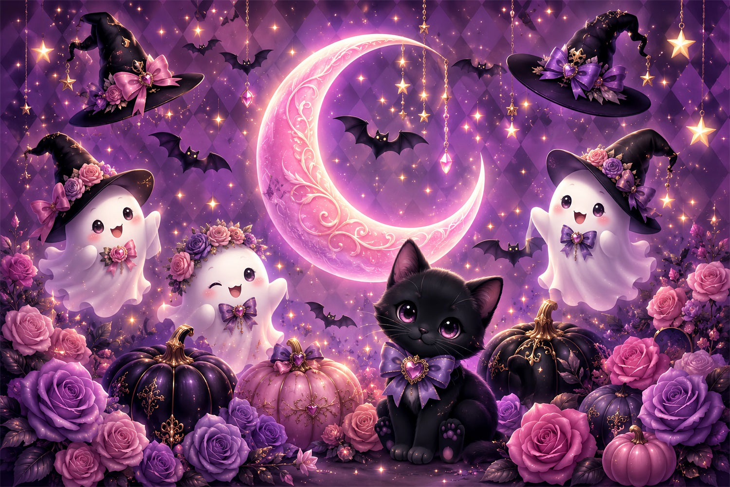 Cute Halloween Backdrops Cute Ghost Cat Moon Halloween Backdrops  Scene Setters LXX67-63