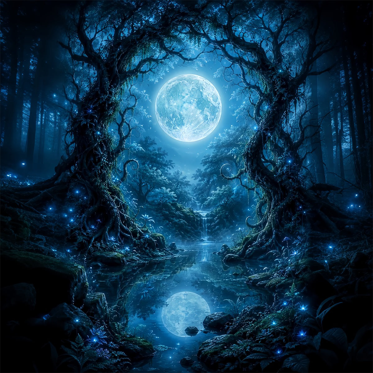Halloween Moon Backdrop Moonlit Enchanted Forest Lake Halloween Photo Backdrops LXX67-65