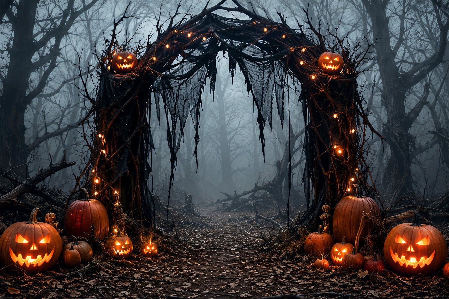 Halloween Outdoor Backdrop Foggy Pumpkin Forest Arch Halloween Backdrops For Photos LXX67-68