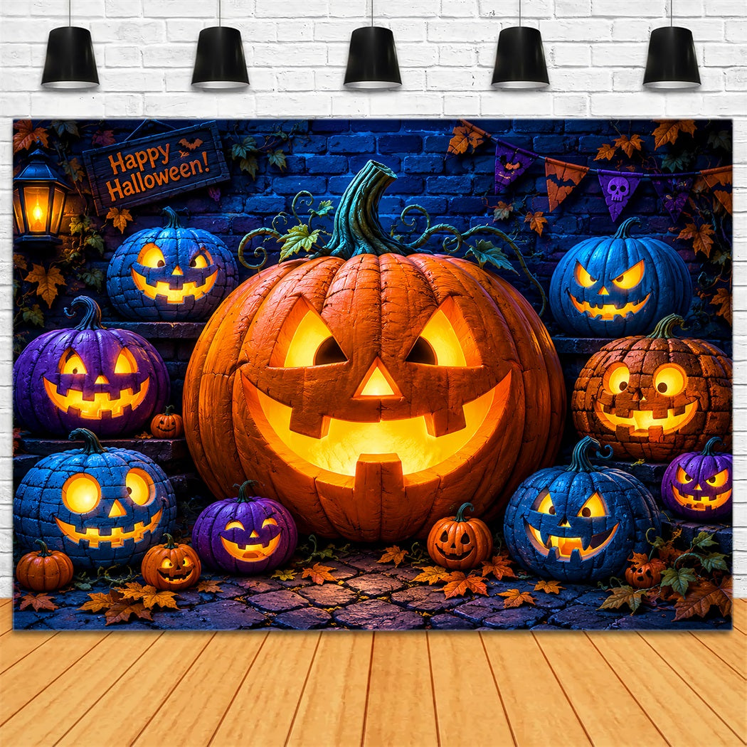 Halloween Pumpkin Backdrop Colorful Lanterns Brick Wall Halloween Photo Backdrop Ideas LXX67-69