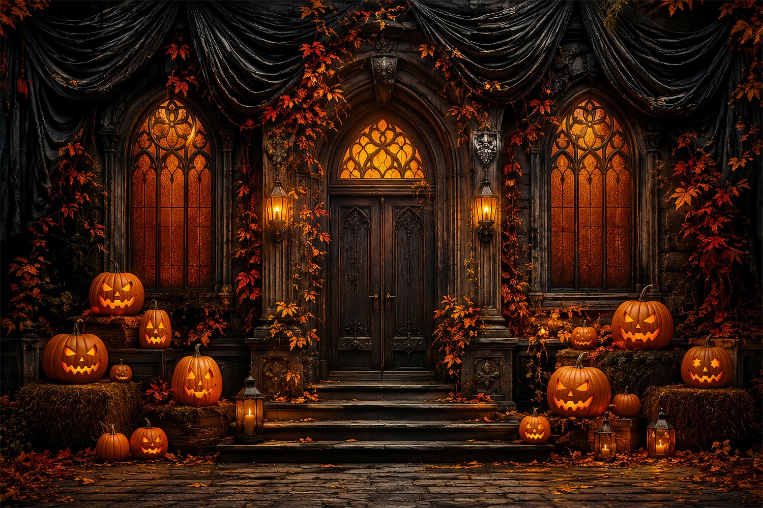 Cute Halloween Photo Backdrop Gothic Pumpkin Manor Door Backdrop Halloween LXX67-70