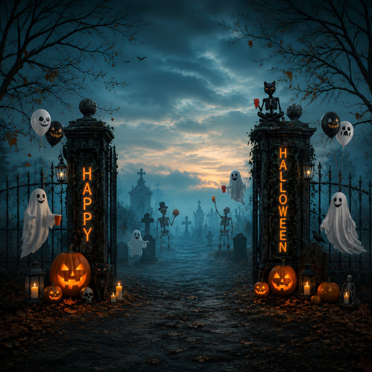 Halloween Graveyard Backdrops Ghost Skeleton Cemetery Gate Photo Booth Halloween Backdrop LXX67-79