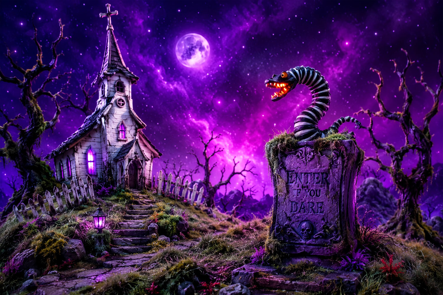 Halloween Spooky Backdrop Purple Church Serpent Tombstone Spooky Halloween Backdrops LXX67-81
