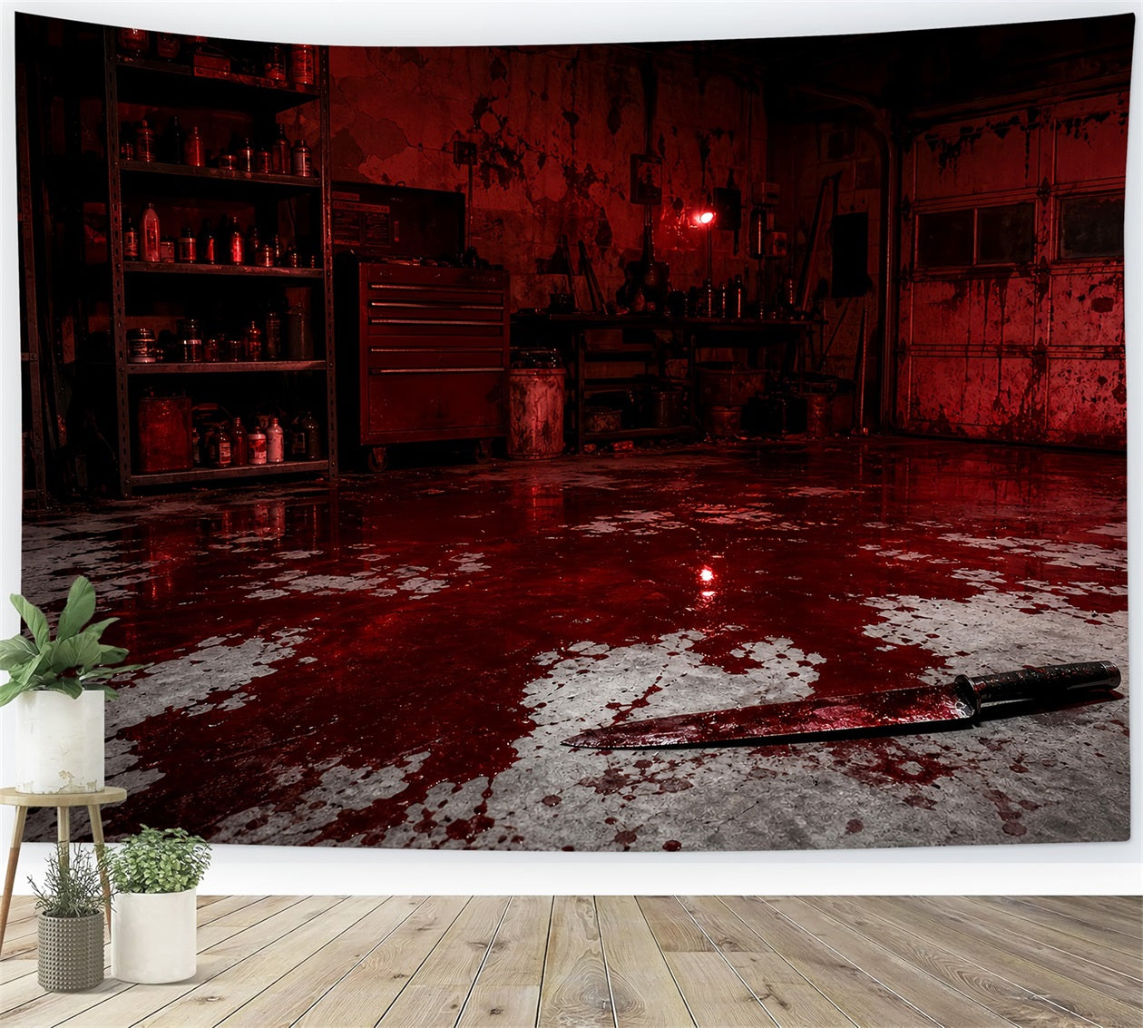 Halloween Garage Backdrop Bloody Room Knife Floor Backdrops For Halloween LXX67-82