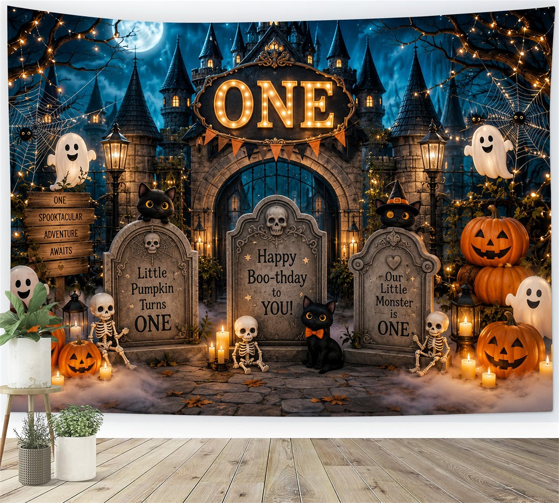 Halloween Picture Backdrops Boo Birthday Graveyard Castle Halloween Birthday Backdrop LXX67-83