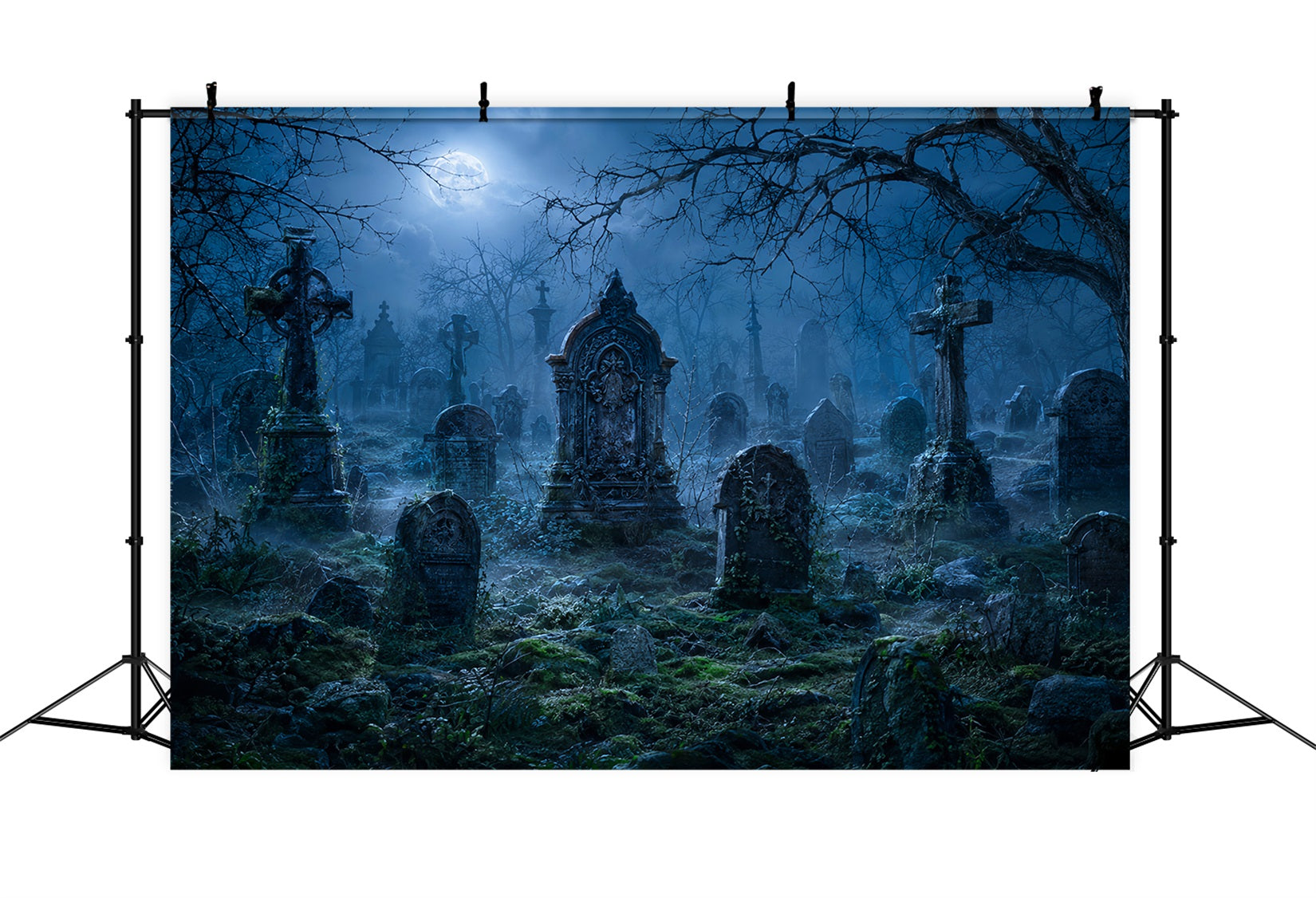 Halloween House Backdrop Moonlit Foggy Cemetery Tombstones Halloween Cemetery Backdrop LXX67-84