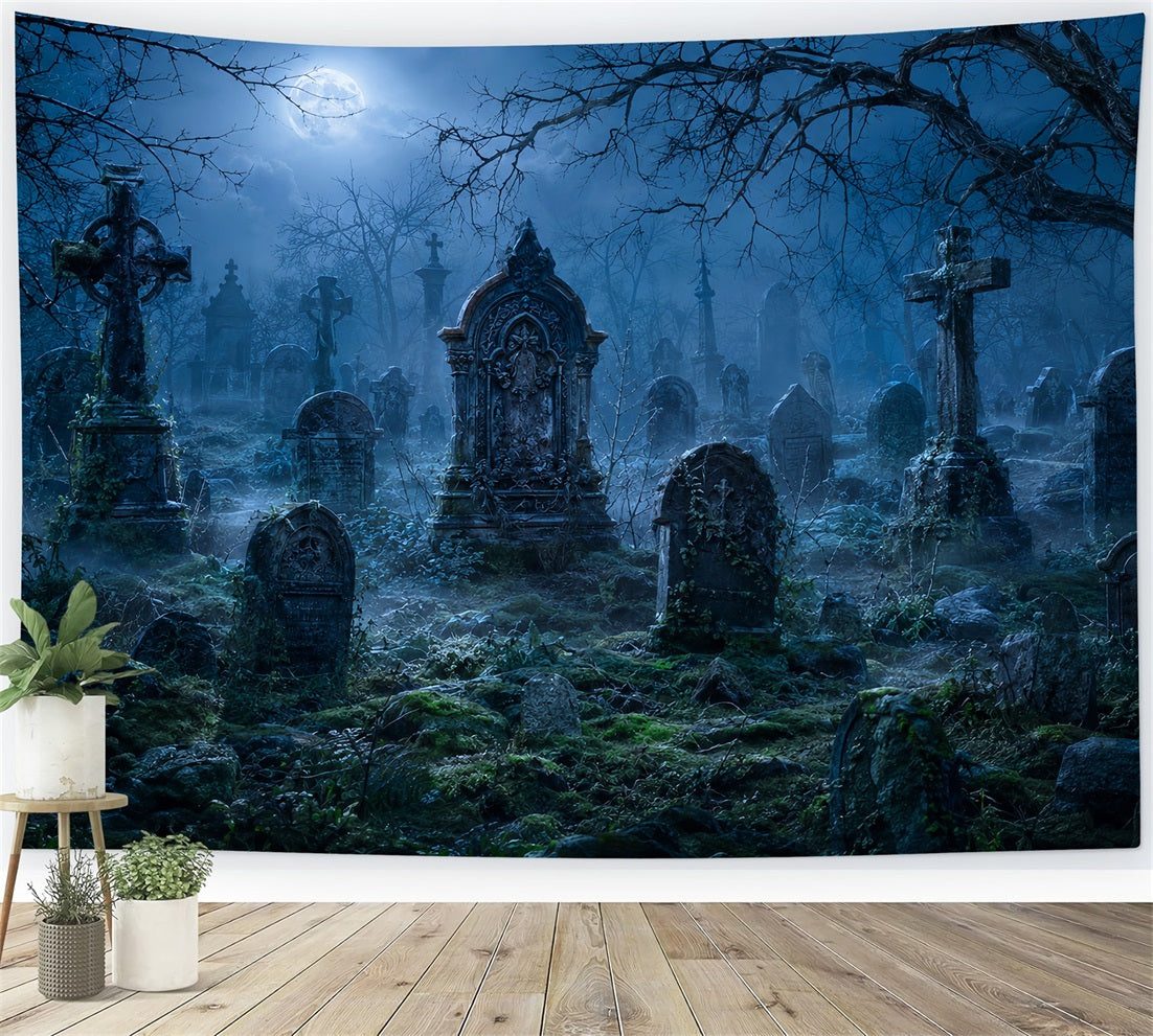 Halloween House Backdrop Moonlit Foggy Cemetery Tombstones Halloween Cemetery Backdrop LXX67-84