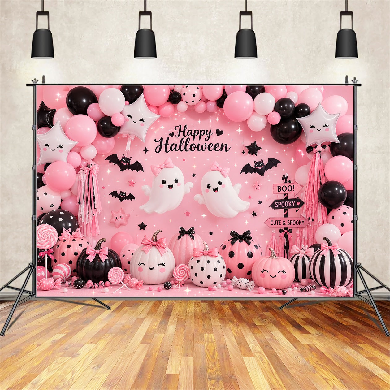 Halloween Balloon Backdrop Pink Ghost Pumpkin Party Halloween Themed Backdrop LXX67-86