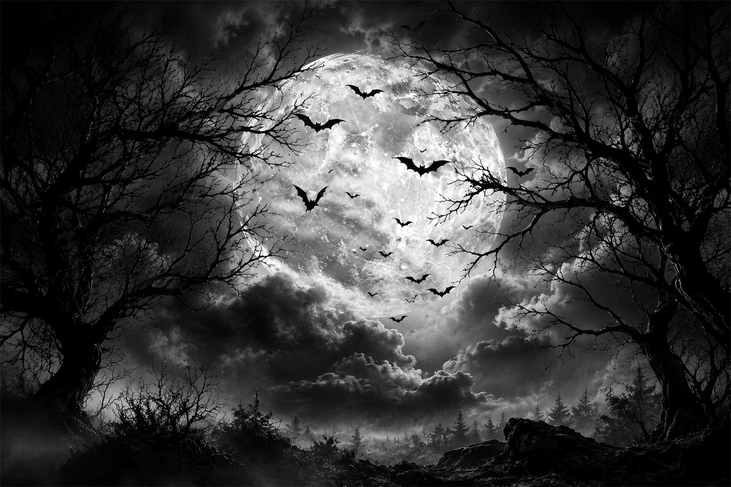 Halloween Forest Backdrop Monochrome Moon Bat Clouds Vintage Halloween Backdrop LXX67-88