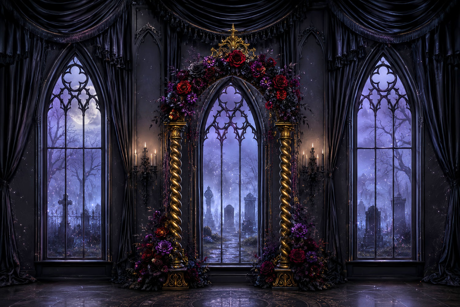 Halloween Arch Backdrop Gothic Floral Window Hall Large Halloween Backdrops LXX67-89