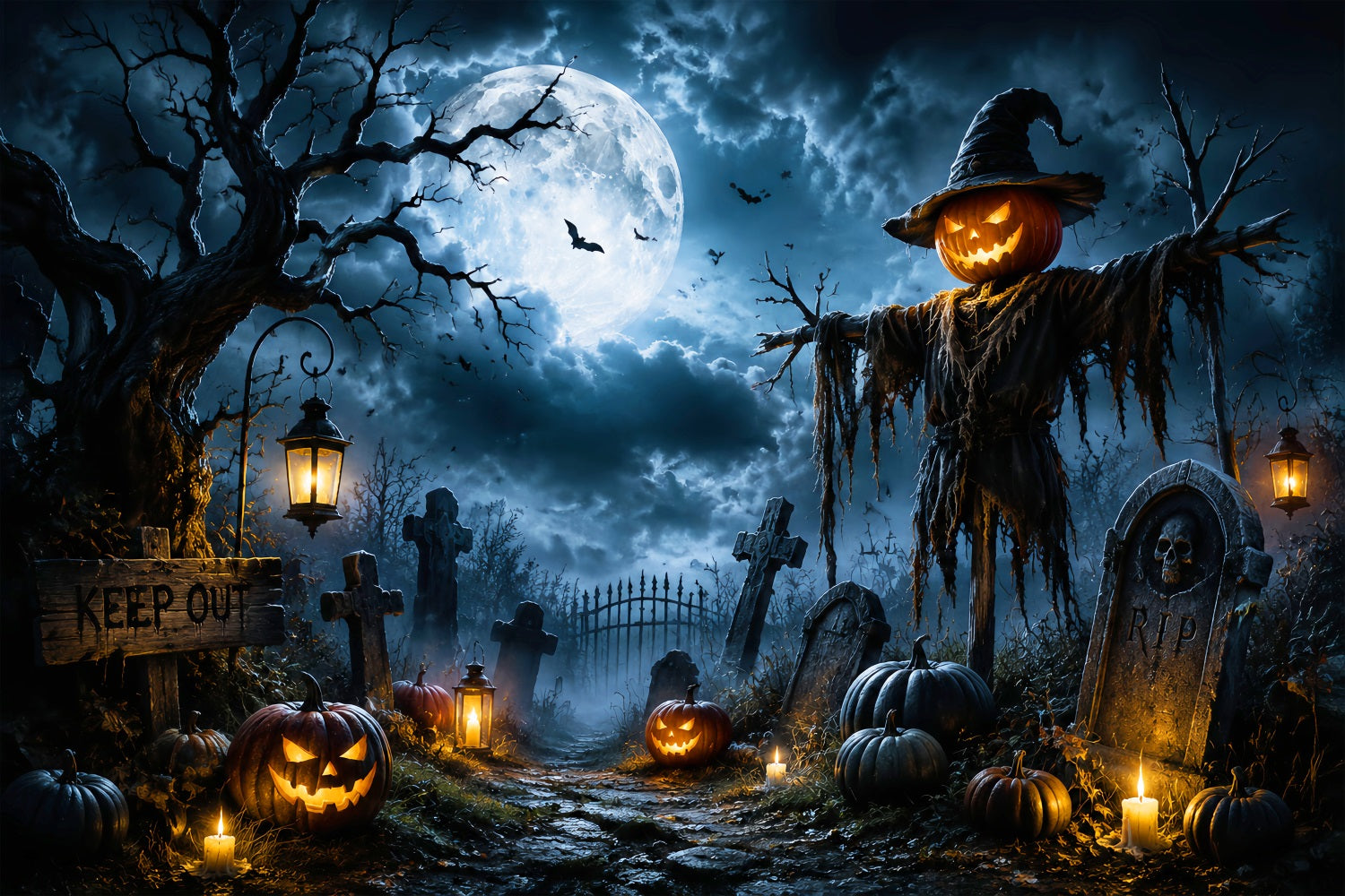 Outdoor Halloween Backdrop Moonlit Pumpkin Scarecrow Graveyard Spooky Halloween Backdrop LXX67-9