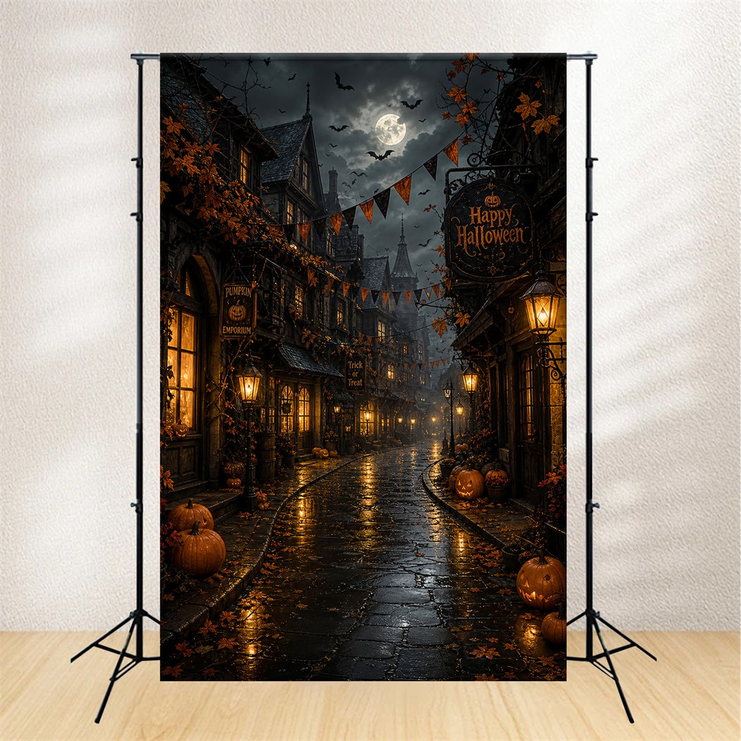 Photography Backdrops Halloween Moonlit Pumpkin Village Street Halloween Town Backdrop LXX67-93