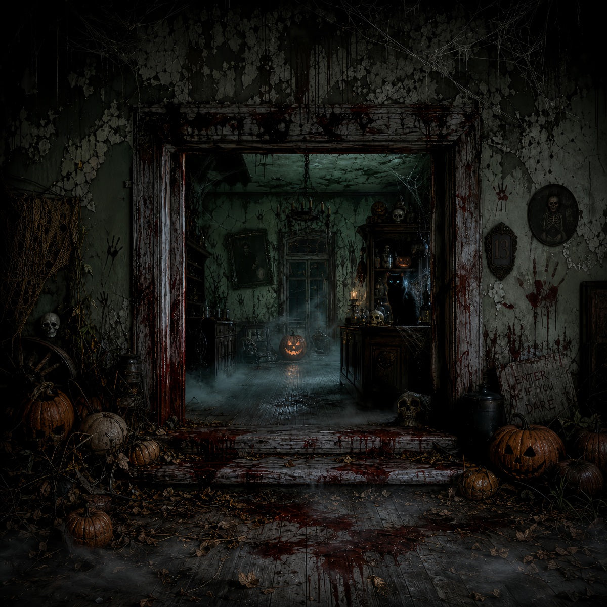 Halloween Party Backdrop Ideas Bloody Haunted Manor Entrance Halloween Scary Backdrops LXX67-94