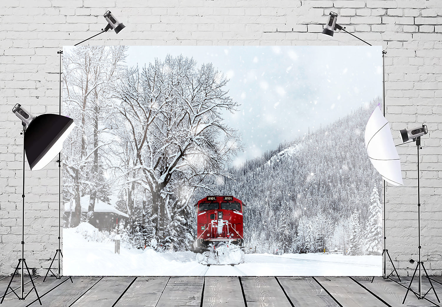 Winter Snow Covered Forest Train Backdrop M11-30