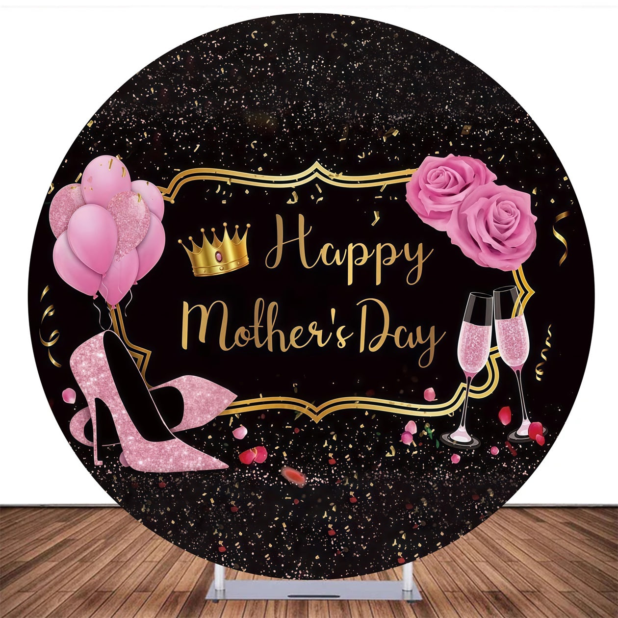 Round Backdrop Cover Black Glam Champagne Mother's Day Backdrop MRR10-179
