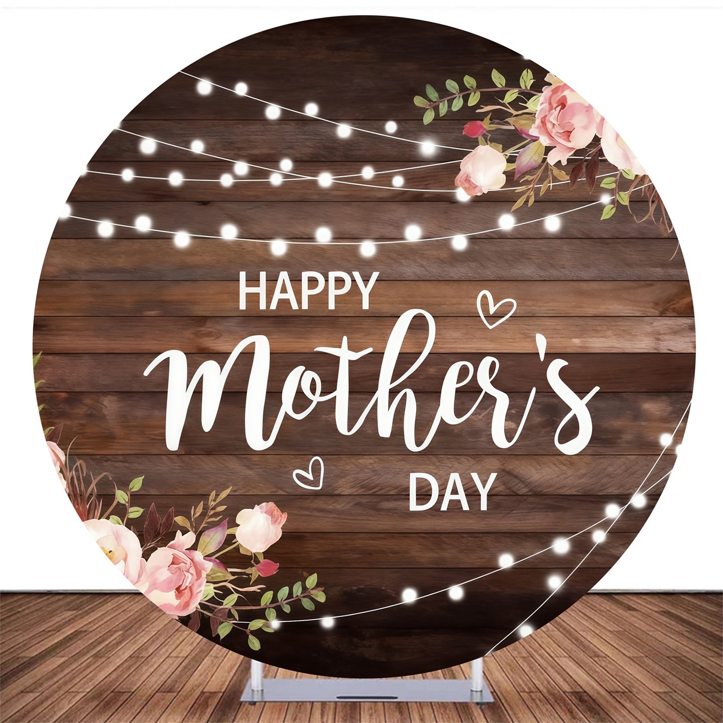 Circle Backdrop Rustic Wood Floral Lights Mother's Day Backdrop MRR10-180