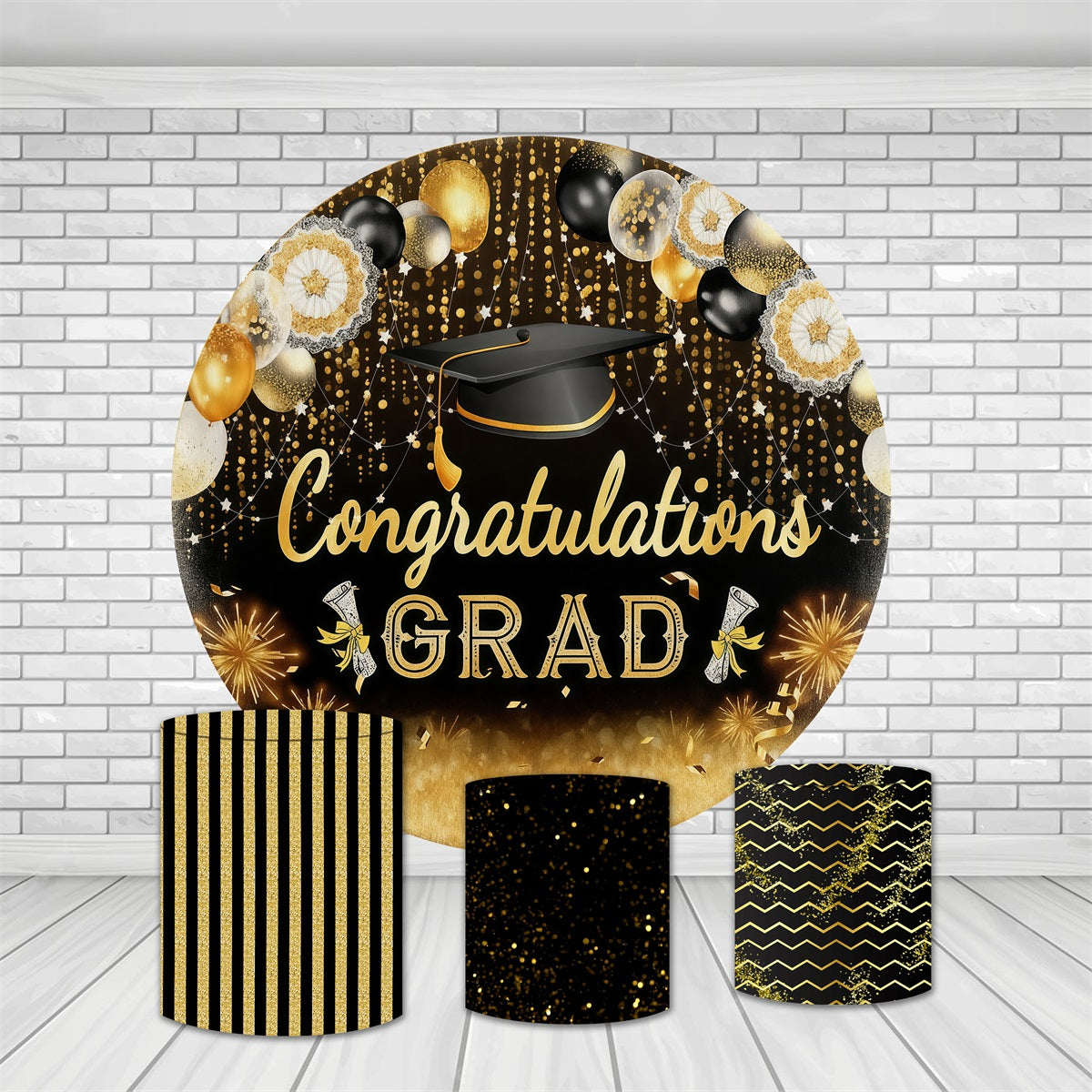 Round Backdrop Cover Kit Black Gold Elegant Graduation Backdrop MRR10-223