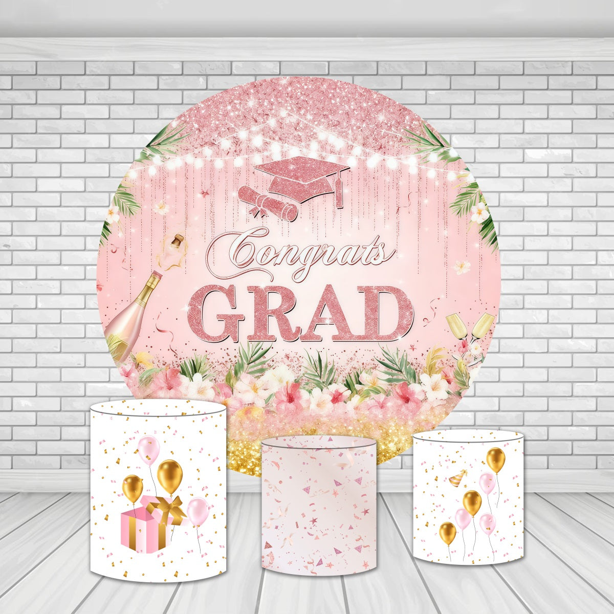 Round Backdrop Kit Pink Glitter Celebration Graduation Backdrop MRR10-226