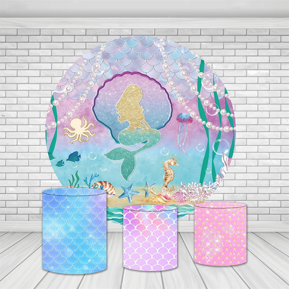 Round Backdrop Cover Kit Golden Underwater World Mermaid Backdrop MRR10-231