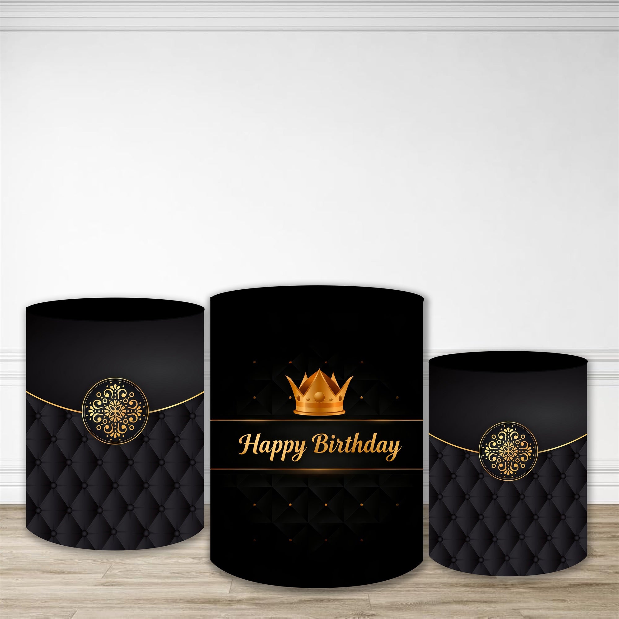 Cylinder Cover Royal Black Gold Crown Birthday Backdrop MRR10-243