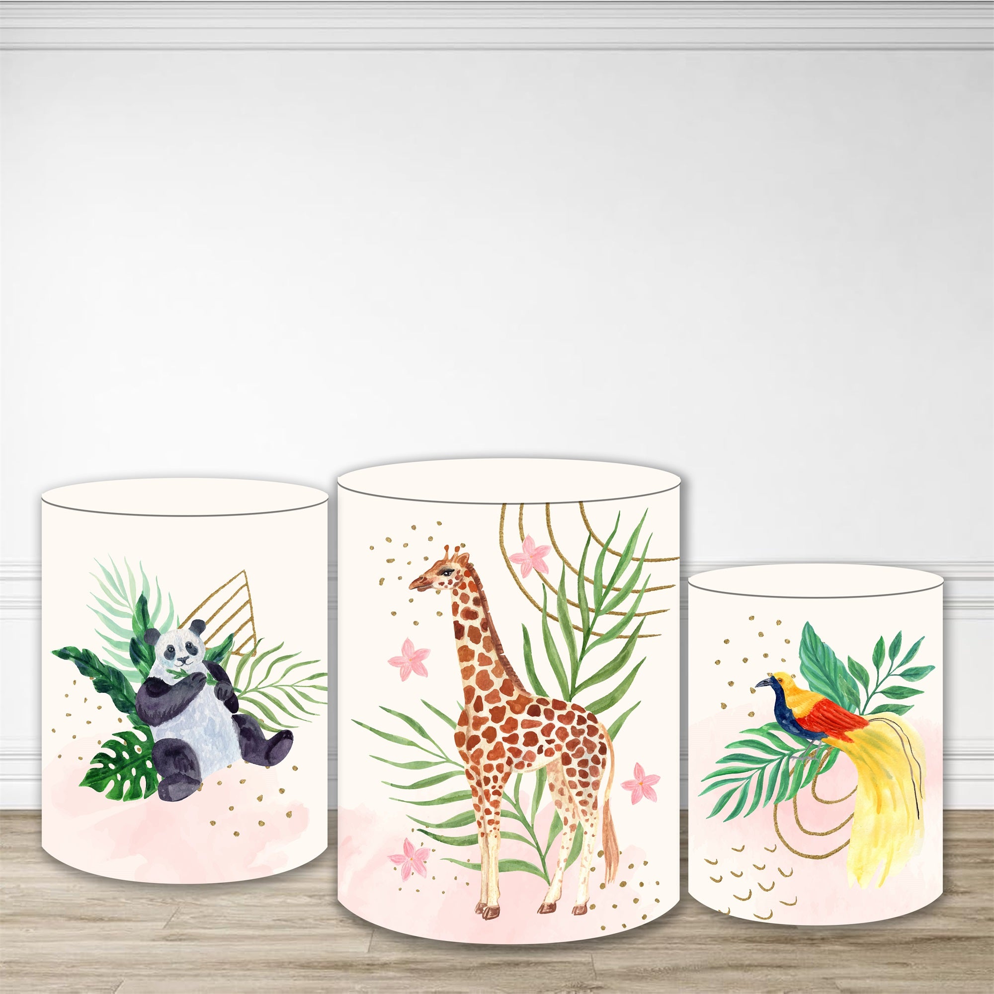 Cylinder Cover Watercolor Jungle Animal Trio Cartoon Backdrop MRR10-248