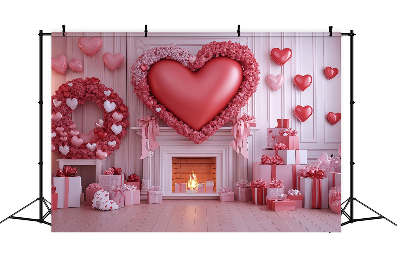 Valentine's Day Hearts Backdrop Pink Heart Gift Fireplace Valentines Backdrop MRR11-101