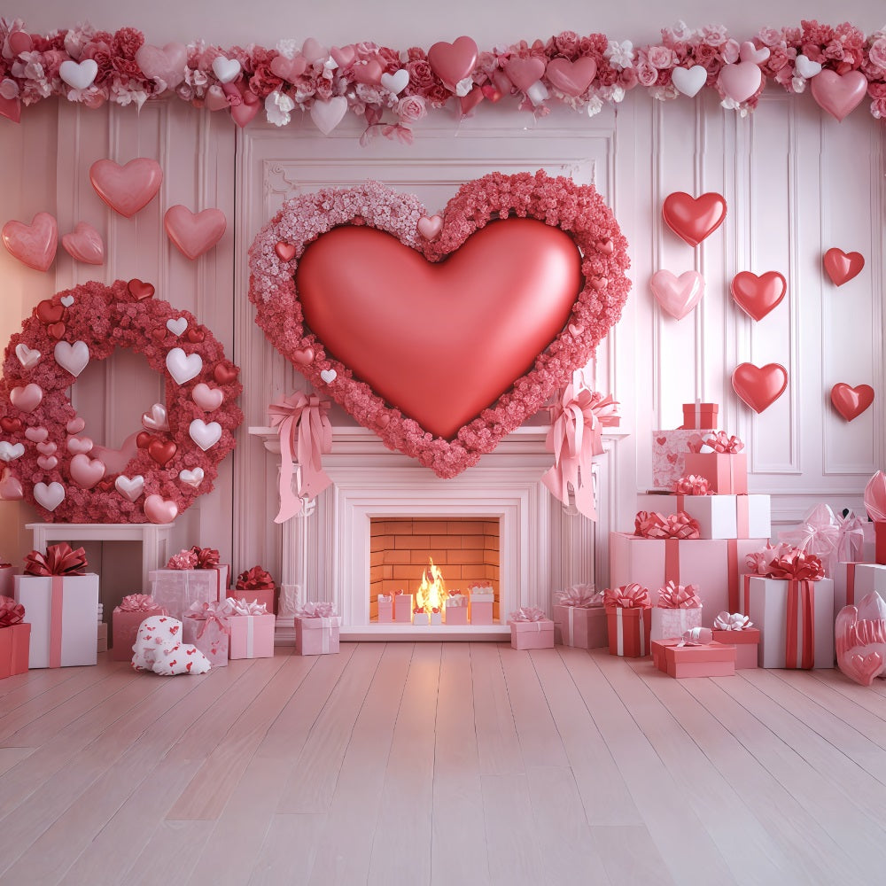 Valentine's Day Hearts Backdrop Pink Heart Gift Fireplace Valentines Backdrop MRR11-101