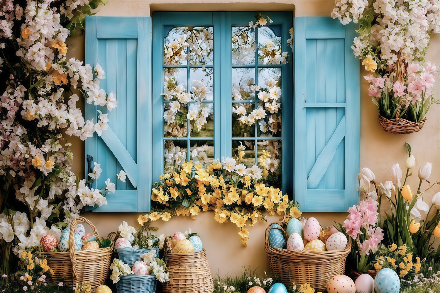 Easter Photo Backdrop Blooming Cottage Garden Easter Egg Backdrop MRR11-72