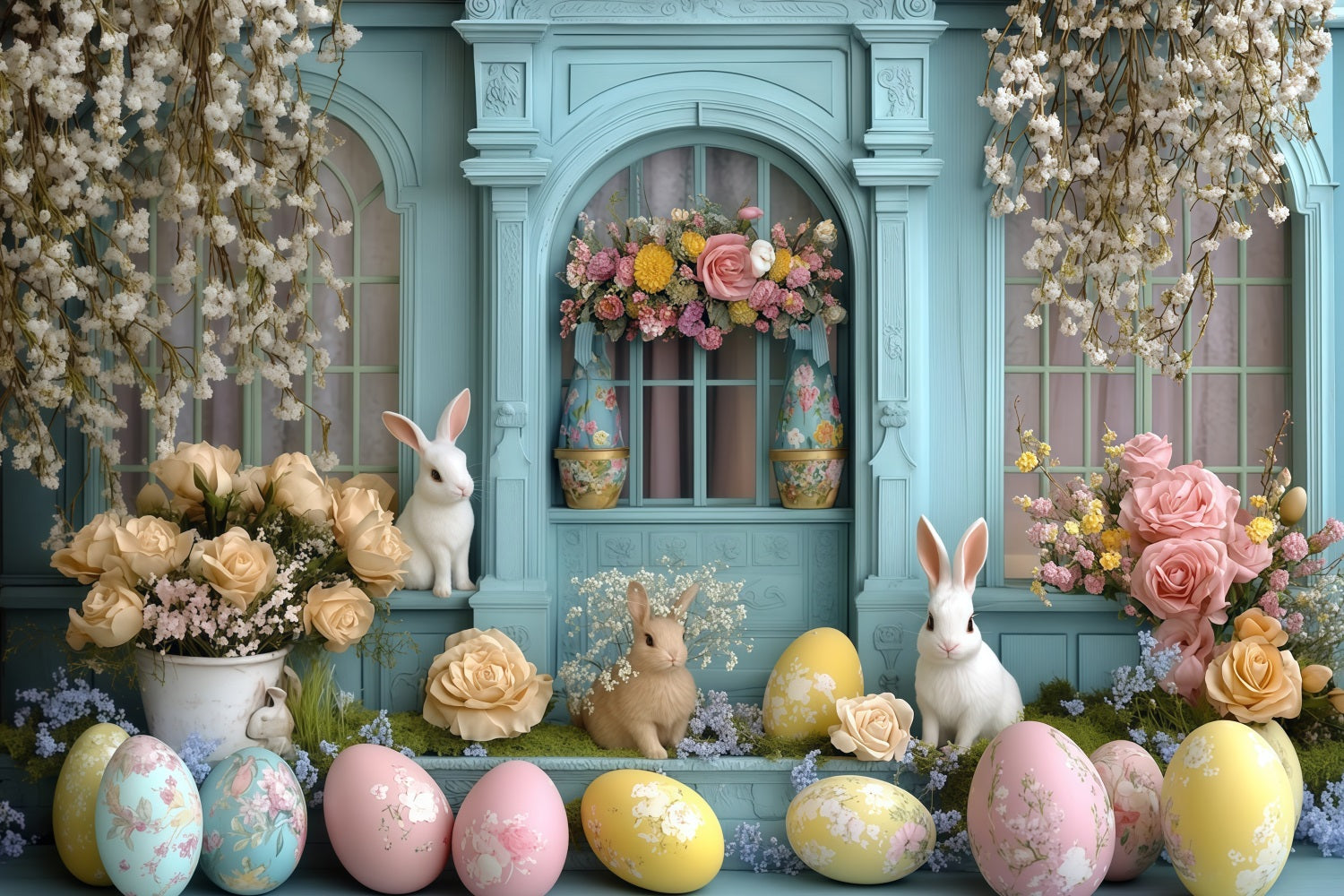 Easter Picture Backdrops Rustic Tulip Cottage Door Bunny Backdrop MRR11-92
