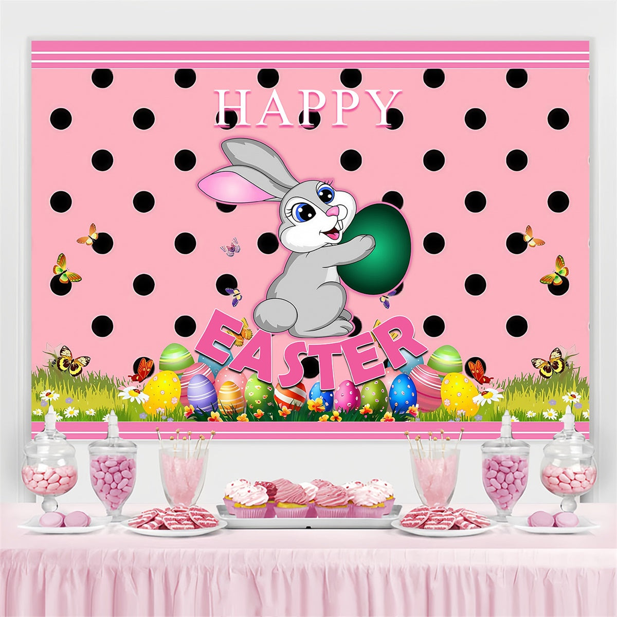 Backdrop Easter Pink Polka Dots Bunny Personalized Backdrop MRR3-123