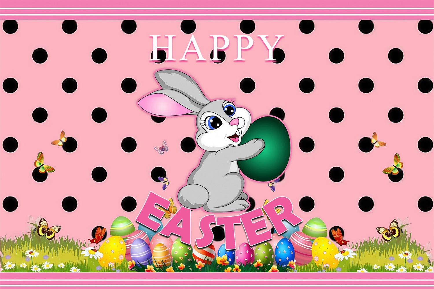 Backdrop Easter Pink Polka Dots Bunny Personalized Backdrop MRR3-123