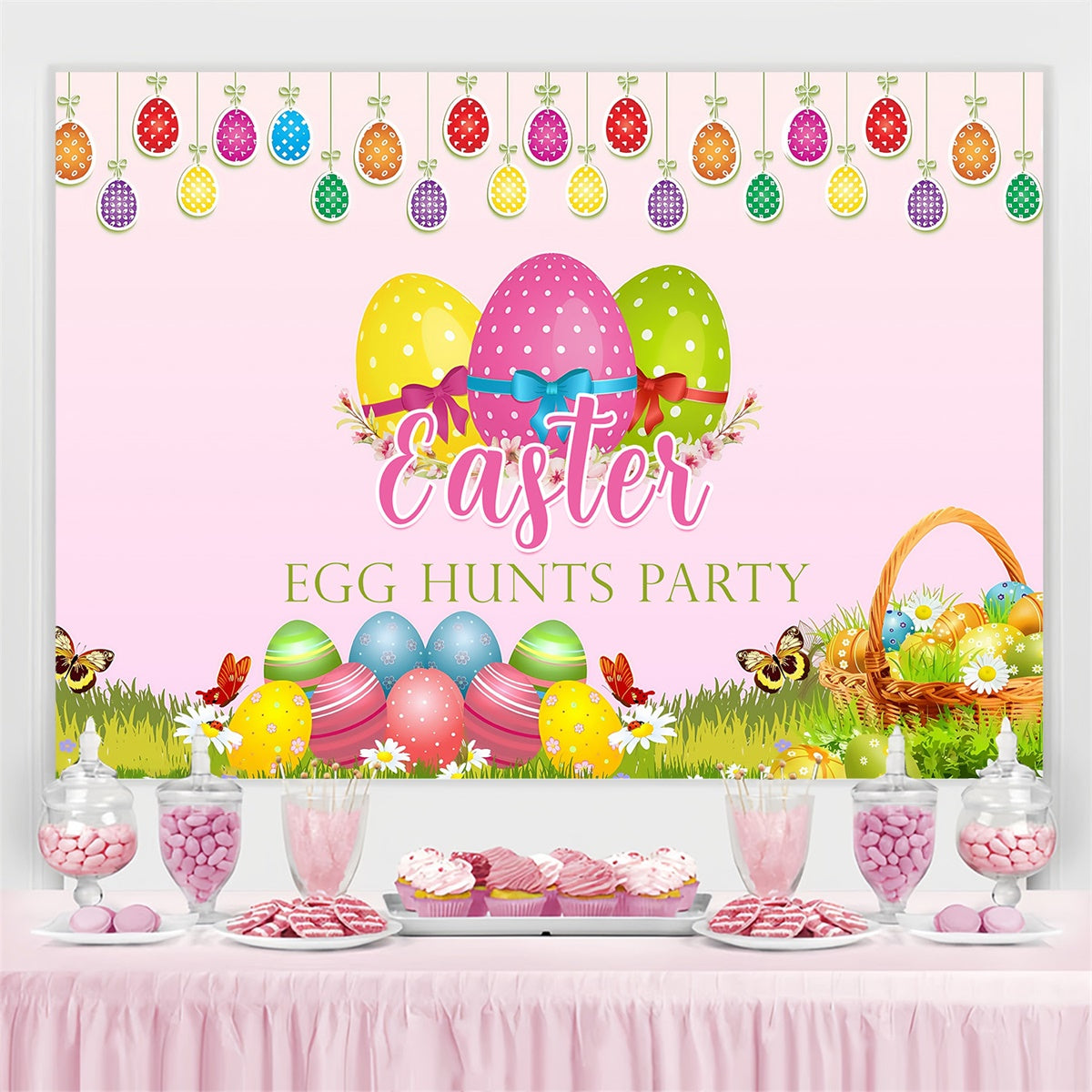 Easter Backdrop Colorful Hanging Egg Festive Custom Backdrop MRR3-125