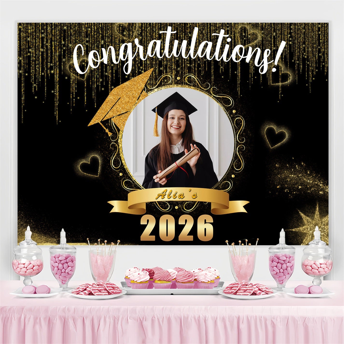 Graduation Backdrop Golden Sparkle Hearts Custom Party Graduation Backdrop MRR3-171