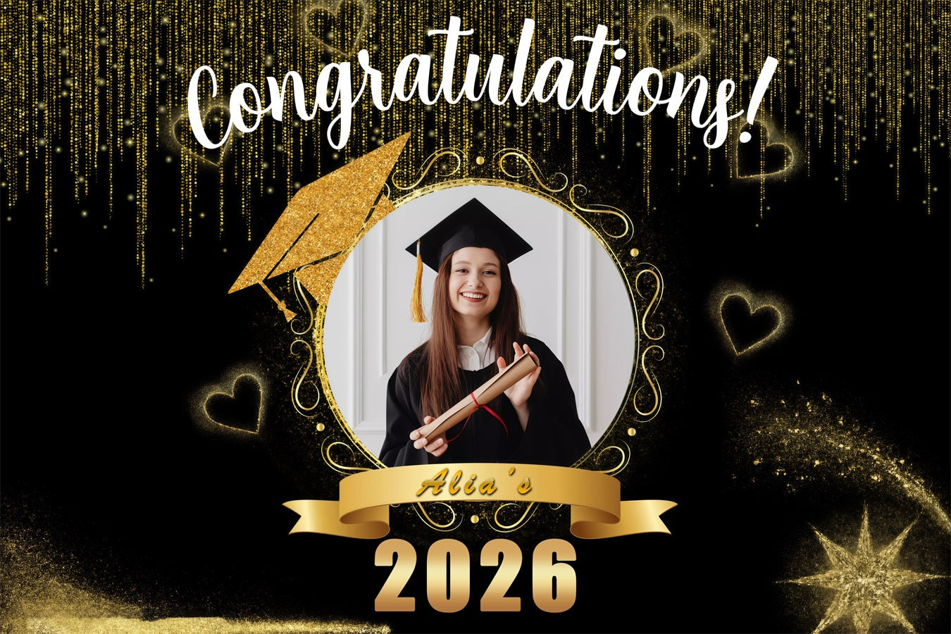 Graduation Backdrop Golden Sparkle Hearts Custom Party Graduation Backdrop MRR3-171