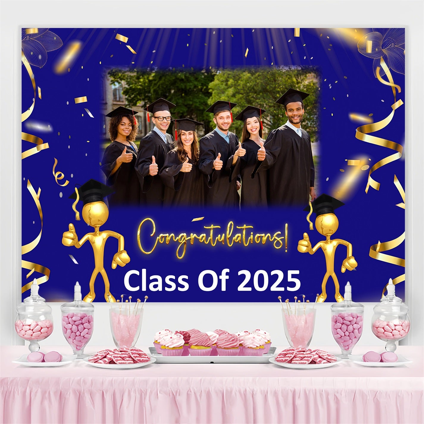 Blue Graduation Backdrop Blue Gold Confetti Personalized Party Graduation Backdrop MRR3-184