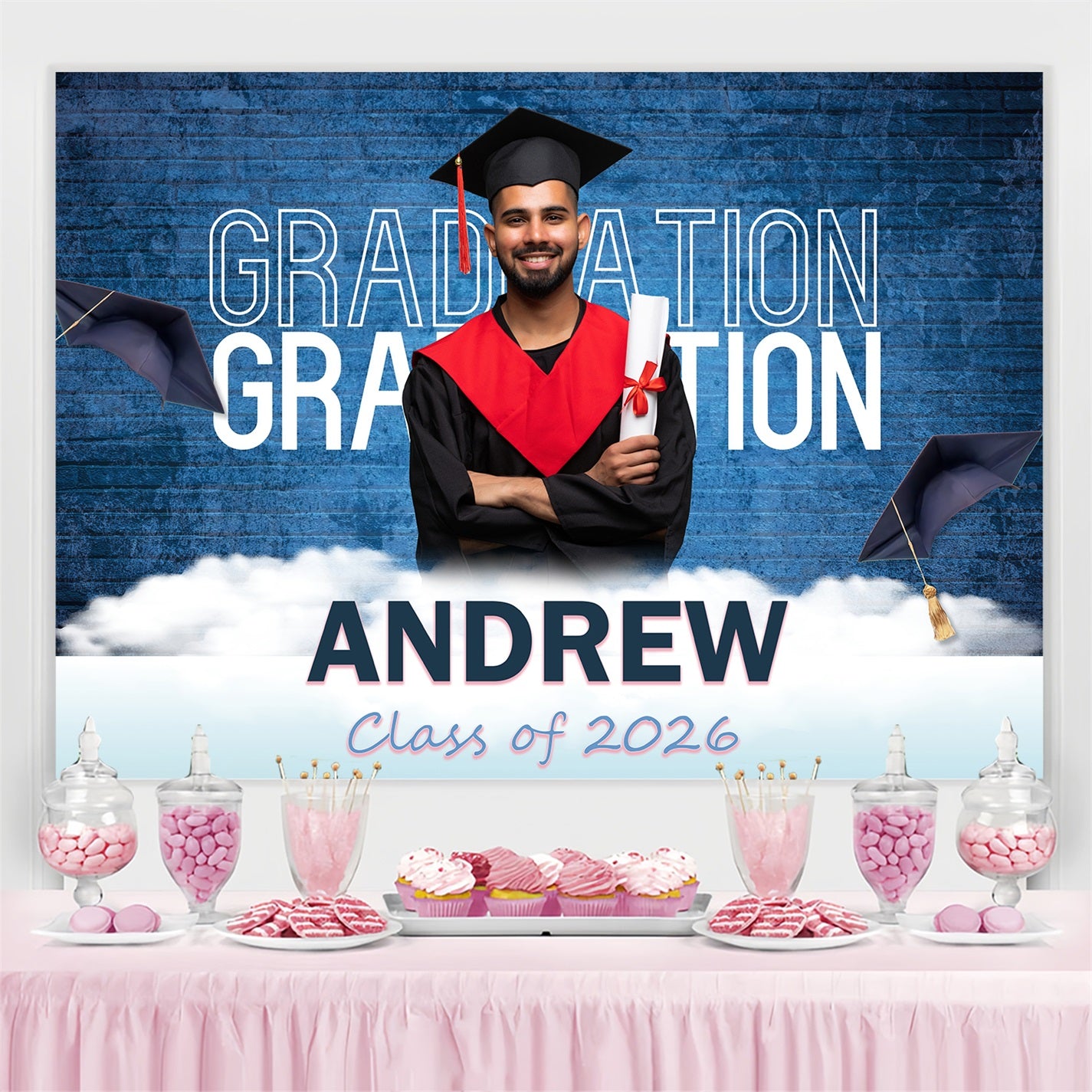 2026 Graduation Backdrop Blue Brick Wall Customized Party Graduation Backdrop MRR3-185