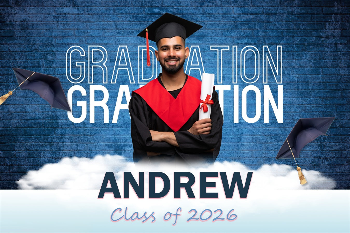 2026 Graduation Backdrop Blue Brick Wall Customized Party Graduation Backdrop MRR3-185