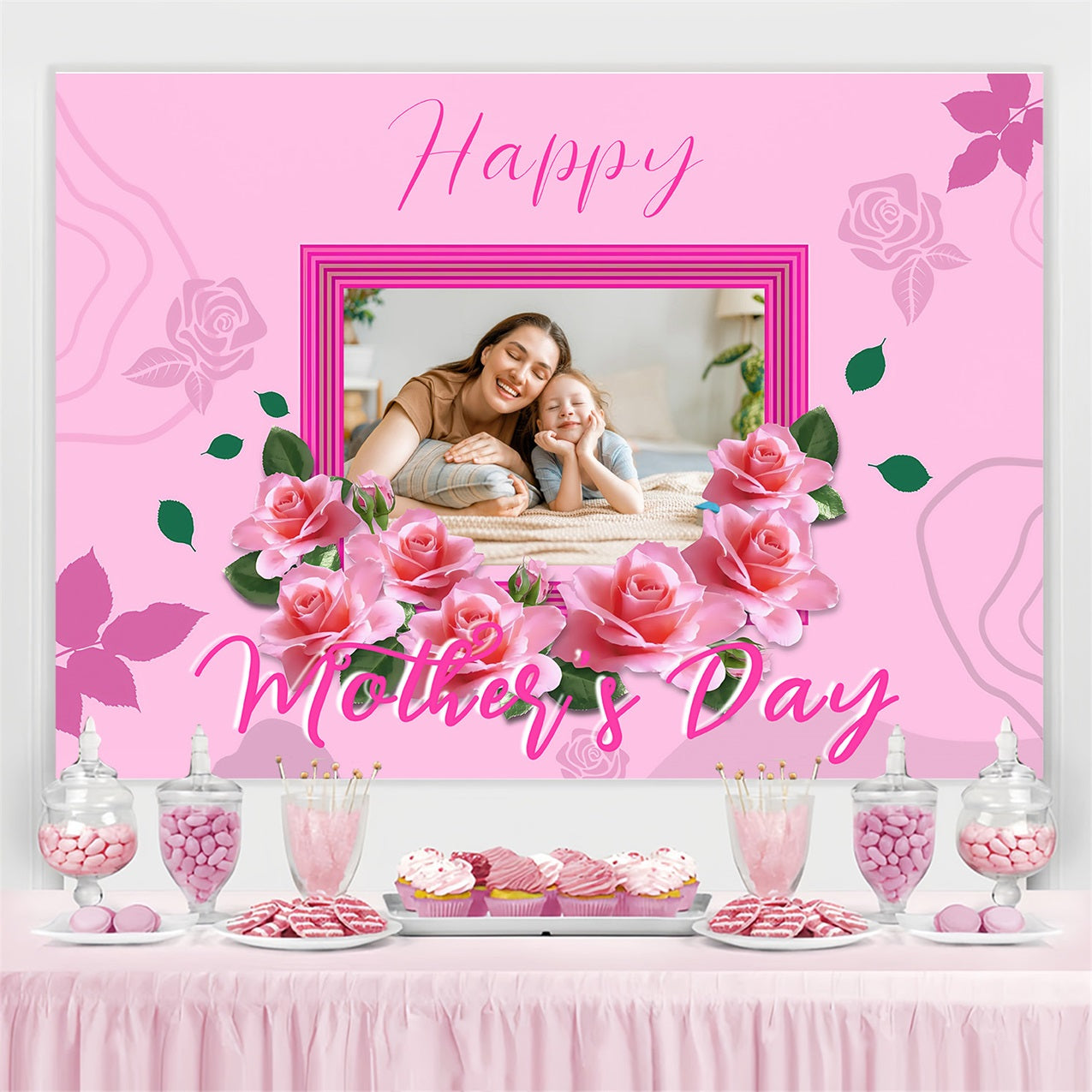 Backdrops For Mother's Day Pink Roses Frame Personalised Backdrop MRR3-48