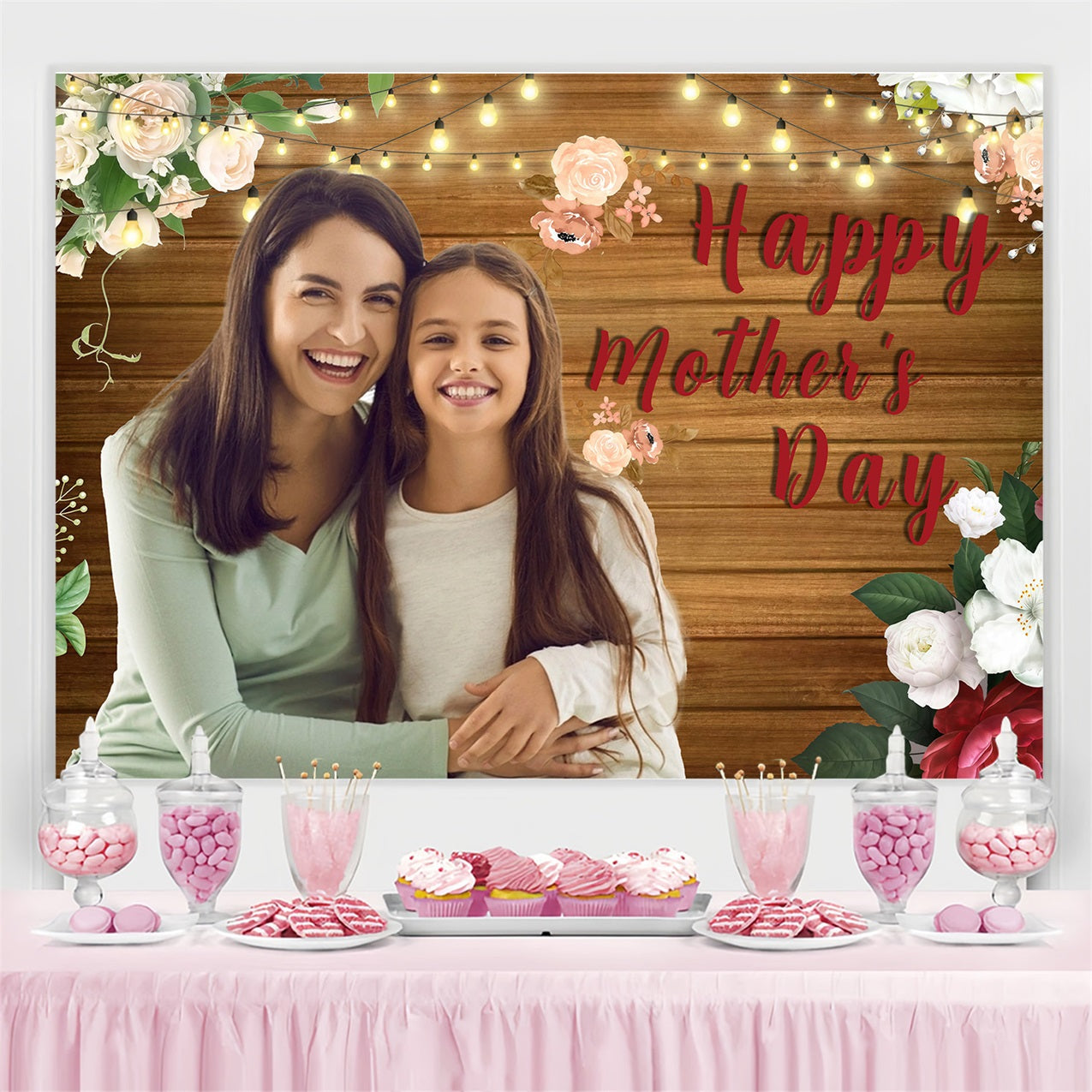Mother Day Backdrop Twinkling Lights Flowers Custom Backdrop MRR3-49