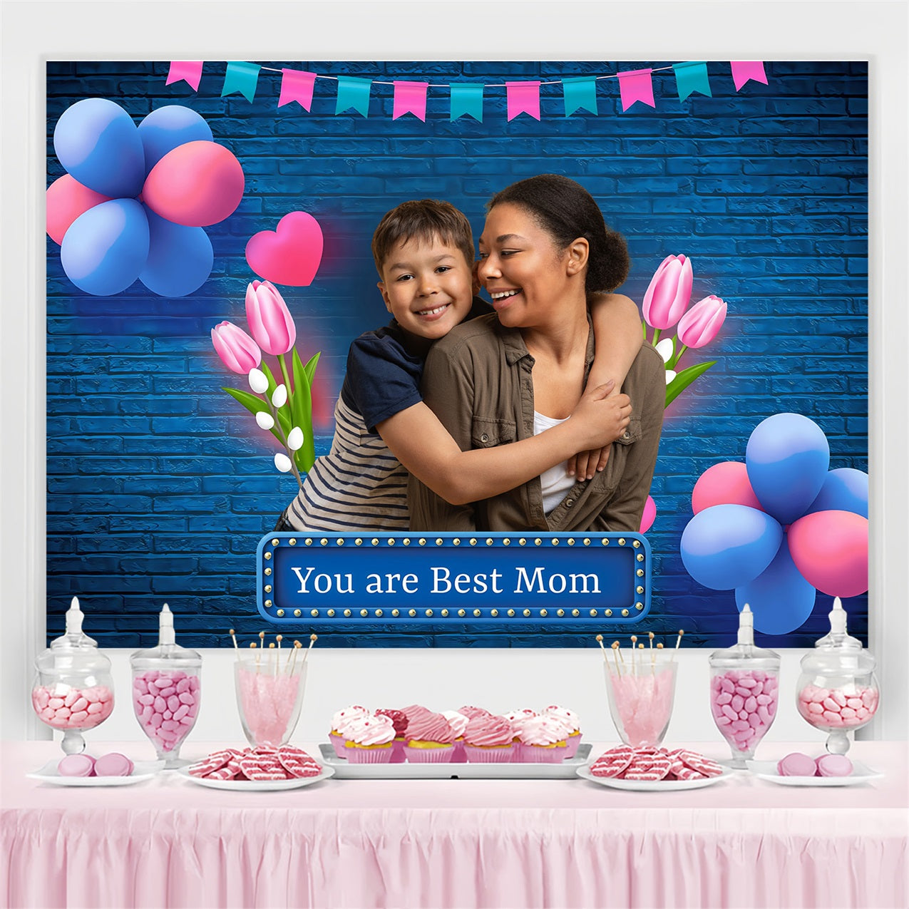 Mothers Day Photo Backdrops Tulips Balloons Celebration Personalized Backdrop MRR3-51